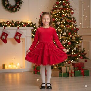 Hanna Andersson Girl's Size 130 (8) Red Velvet Long Sleeve Tiered Holiday Dress